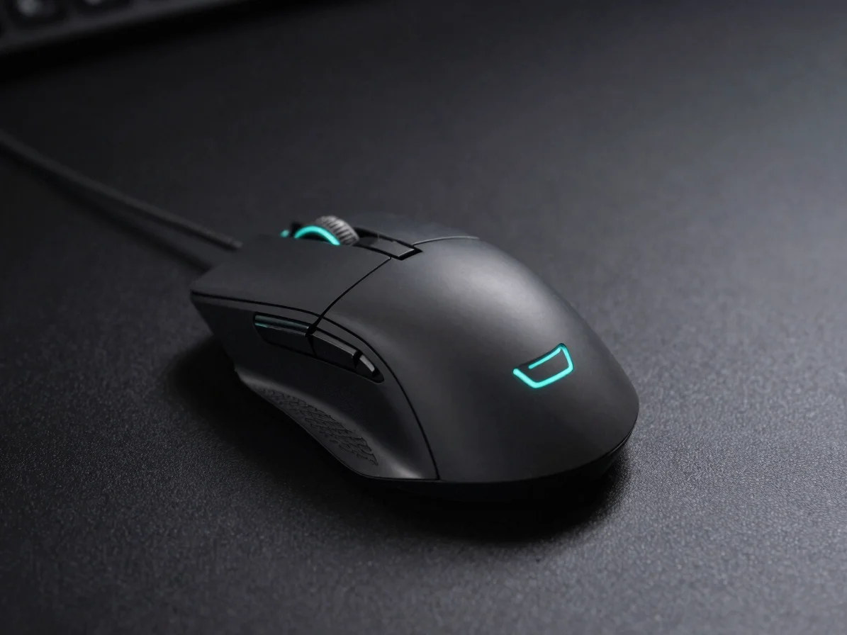 dark cybercore product photography of a sleek, futuristic gaming